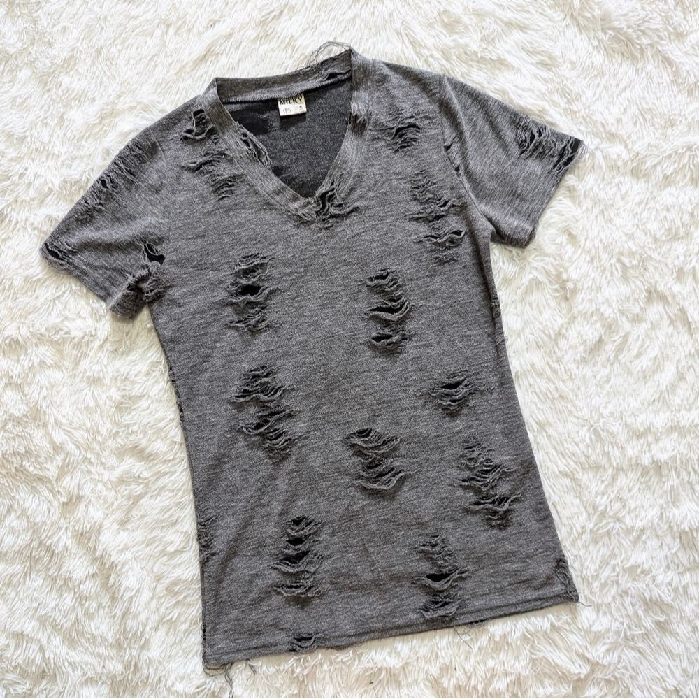 Milky Korean Kpop Brand Grey Grunge Distressed Zombie Punk V Neck Tee